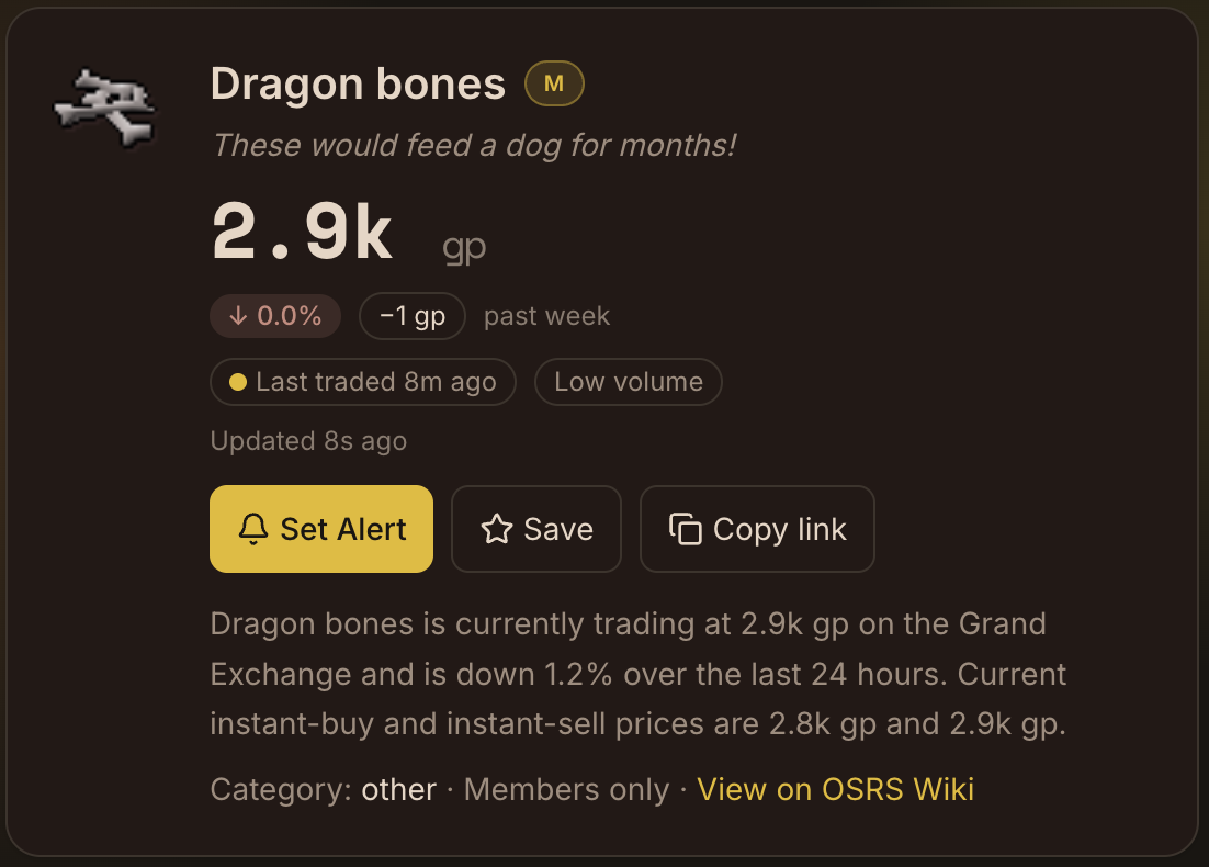 GE Hound item page for Dragon bones showing live price, trends, and alert actions